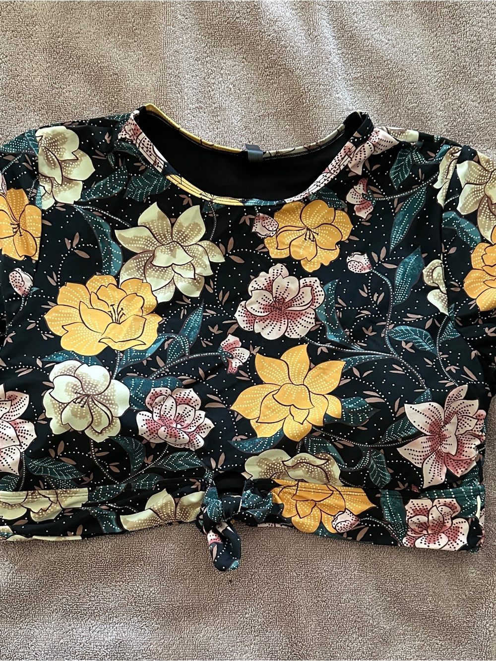 torrid Black Floral Tie-Front Crop Top with Yellow Accents